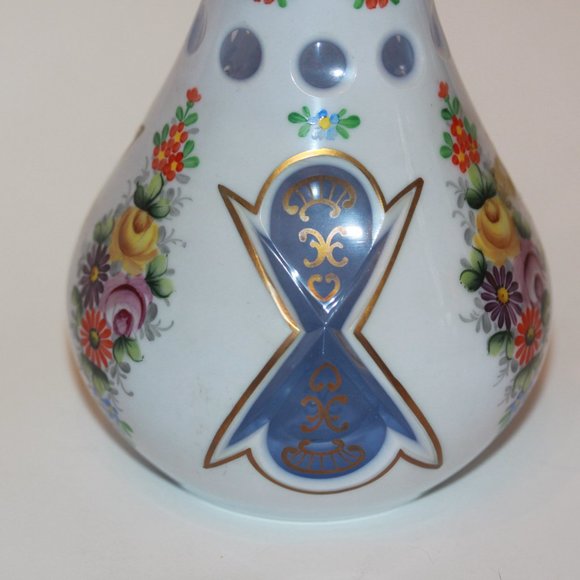 Bohemian Czech Cased White Over Baby Blue Hand Painted Flowers Gold DECANTER - Picture 2 of 9